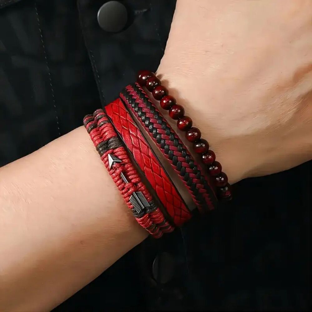 Beaded and Woven Deep Red PU Leather Bracelets – Stackable and Unisex
